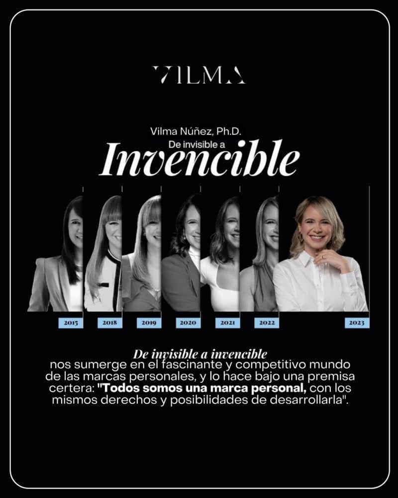 Imagen de portada del libro titulado “Invencible” de Vilma Núñez, Ph.D., mostrando su evolución del 2018 al 2023, acompañada de un texto sobre marca personal y con insights de la reconocida conferencista profesional de Miami Isabel Restrepo.