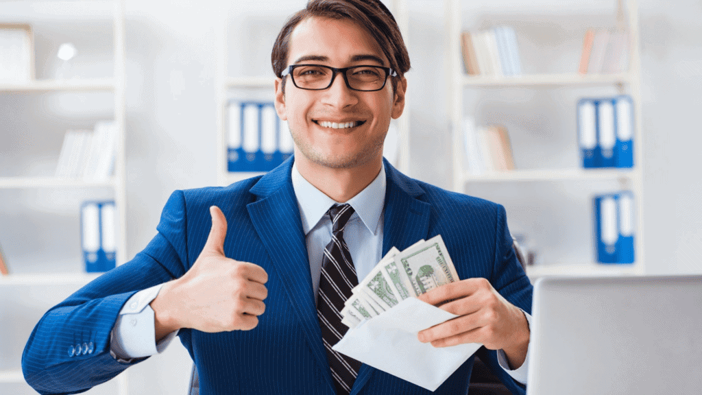 Un hombre sonriente con traje azul y gafas levanta el pulgar mientras sostiene un sobre lleno de dinero en una oficina, mostrando su éxito a través de Mentoring Miami.