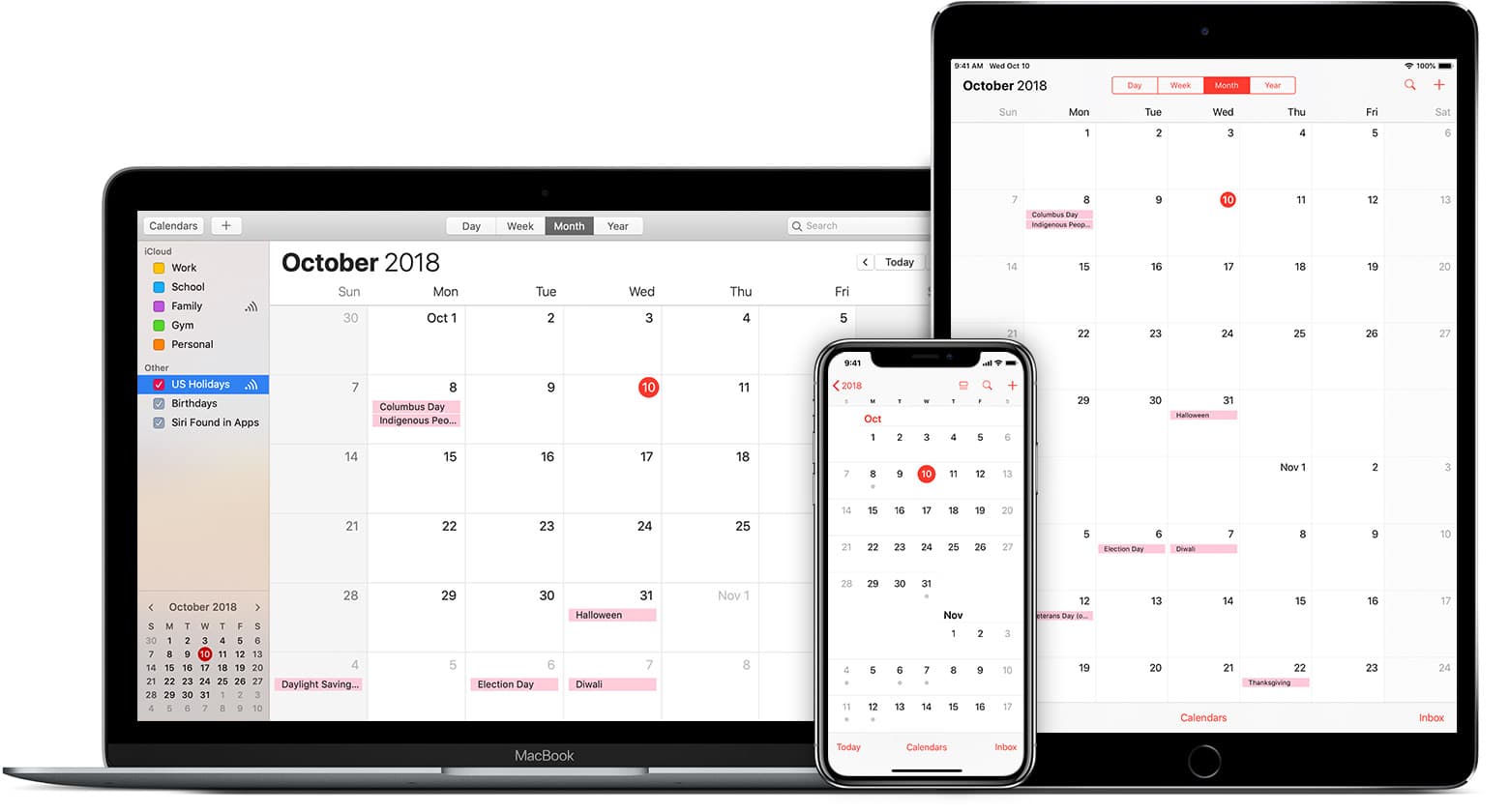 Imagen de una MacBook, un iPhone y un iPad que muestran una agenda para octubre de 2018 con varios eventos.